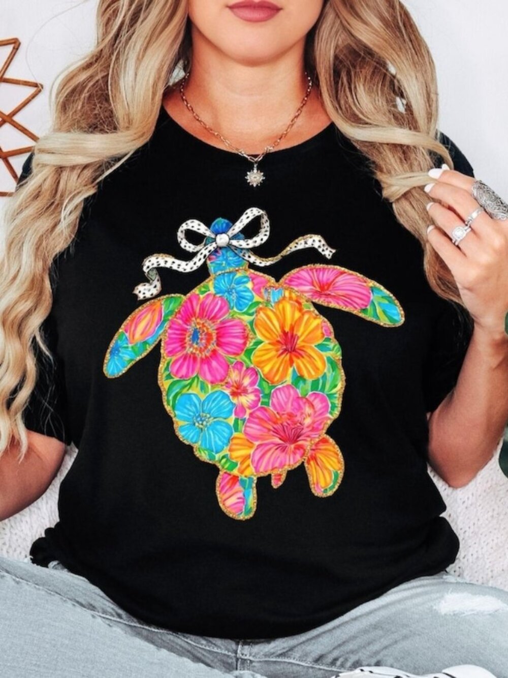 Floral Sea Turtle Shirt, Cute Beach Ocean Graphic Tee